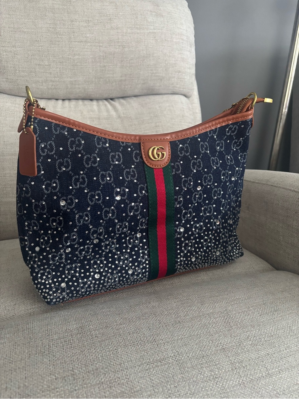 Denim Navy GG Canvas Shoulder Bag with Crystal Detail and Red-Green Web
